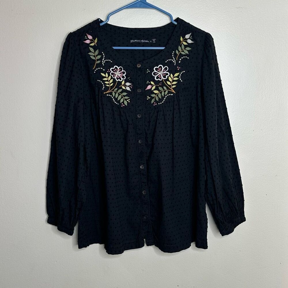 Gudrun Sjoden Embroidered Peasant Blouse Button Front Black size Medium